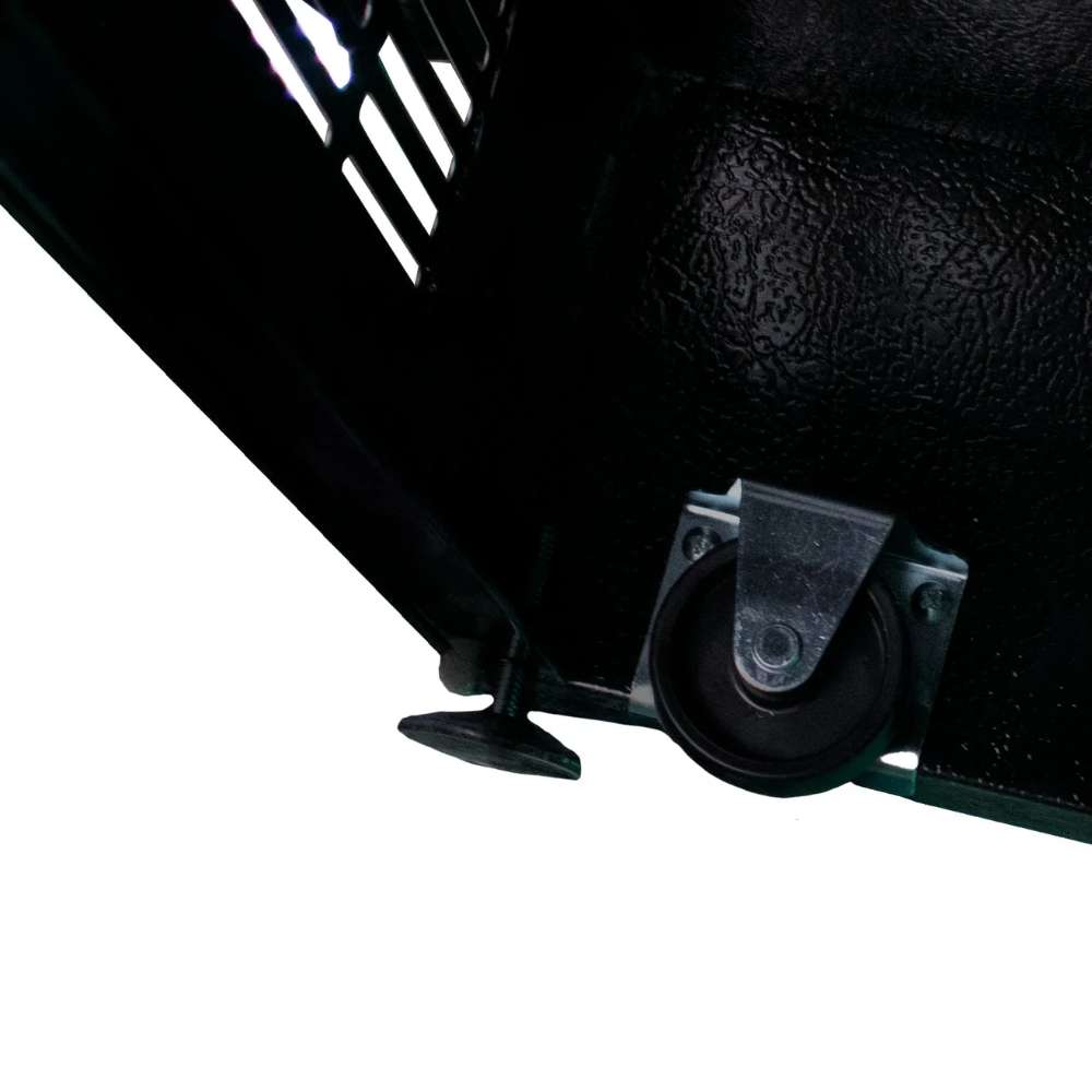 Close-up shows the bottom corner of SunStar ST-16RF-SS 16 cu.ft. DC/AC Refrigerator - Stainless Steel with an adjustable foot and a small wheel underneath