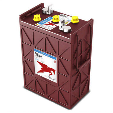 Close-up view of Trojan SPRE-06-415 6V 415Ah Lead Acid Flooded Battery highlights its red casing, handles, and top-mounted terminals