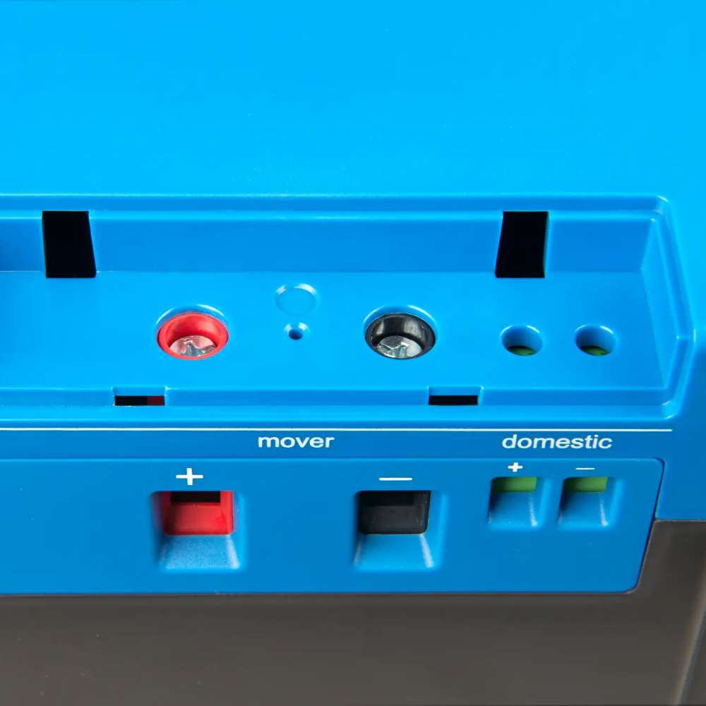 Close-up view shows the connection ports and labeled terminals on the top of the Victron Energy 12.8V 40Ah Peak Power Pack-PPP012040000 with red and black sockets for power output.