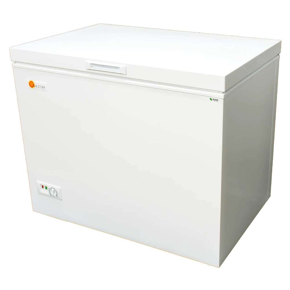 Closed white chest freezer with a front control dial, the SunStar ST-8CF 8 cu.ft. DC Powered Chest Freezer/Refrigerator