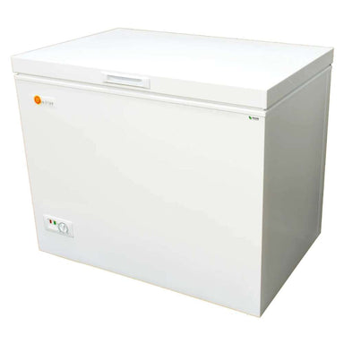 Closed white chest freezer with a front control dial, the SunStar ST-8CF 8 cu.ft. DC Powered Chest Freezer/Refrigerator