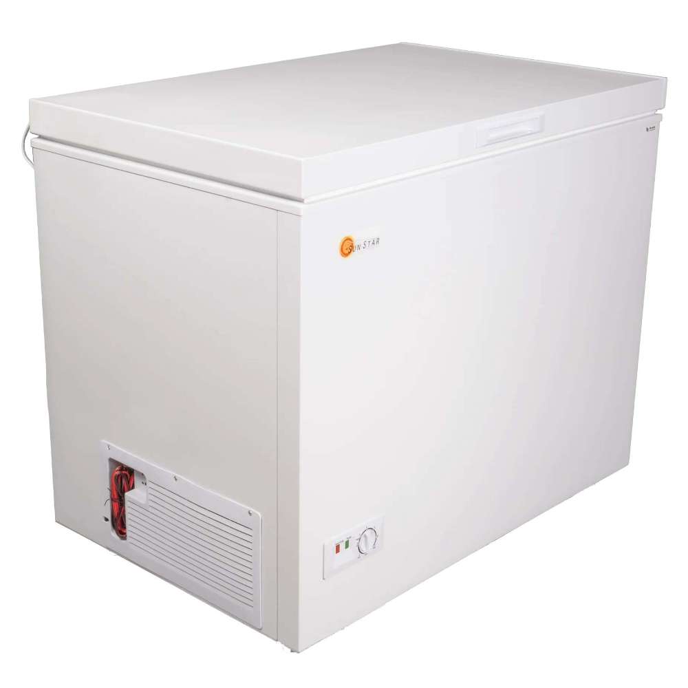 Closed white chest unit viewed at an angle, the SunStar ST-8CF 8 cu.ft. DC Powered Chest Freezer/Refrigerator