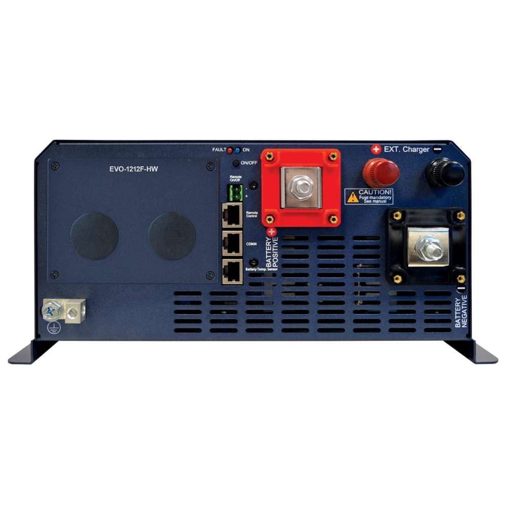Connection panel of the Samlex America Evolution Series EVO-1212F-HW 1200 Watts 12VDC Pure Sine Inverter/Charger - Hardwired Unit with battery terminals, ports, and indicator lights
