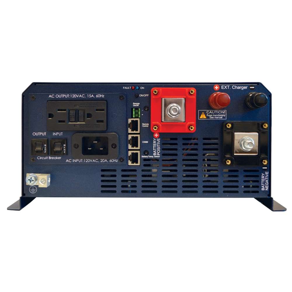 Connection panel of the Samlex America Evolution Series EVO-1224F 1200 Watts 24VDC Pure Sine Inverter/Charger with AC outlets, ports, breakers, and battery terminals