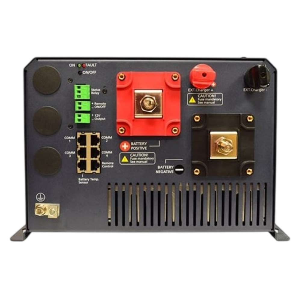 Connection panel of the Samlex America Evolution Series EVO-4024 4000 Watts 24VDC Pure Sine Inverter/Charger with battery terminals, ports, and indicator lights