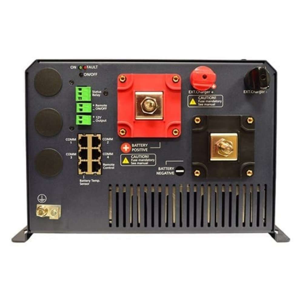 Connection side of the Samlex America Evolution Series EVO-2212 2200 Watts 12VDC Pure Sine Inverter/Charger with battery terminals, ports, and warning labels