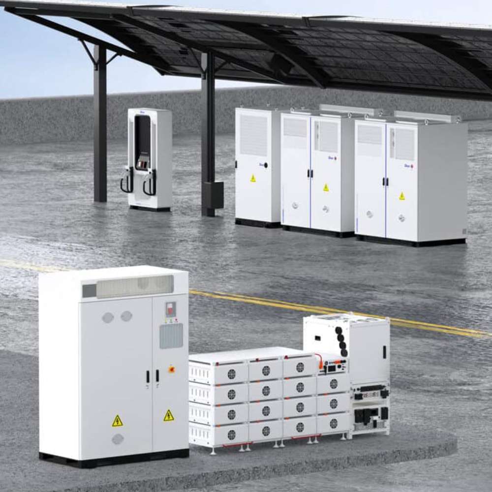 Deye ESS BOS-G40 40kWh Small-Scale C&I Energy Storage Solution is depicted in an outdoor commercial area with solar canopies, EV chargers, and industrial power cabinets