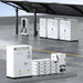 Deye ESS BOS-G40 40kWh Small-Scale C&I Energy Storage Solution is depicted in an outdoor commercial area with solar canopies, EV chargers, and industrial power cabinets