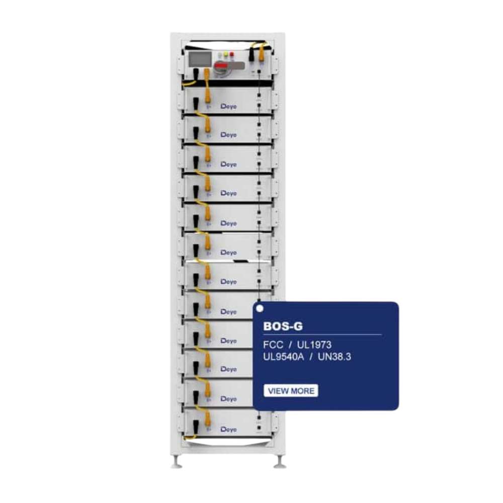 Deye ESS BOS-G60 60kWh Small-Scale C&I Energy Storage Solution is displayed front-facing with multiple labeled battery modules and safety certification markings