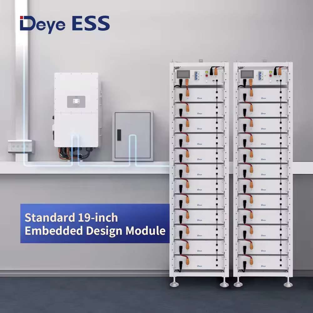 Deye ESS BOS-G60 60kWh Small-Scale C&I Energy Storage Solution is shown as tall white battery racks connected to a wall-mounted power unit in a clean indoor energy system