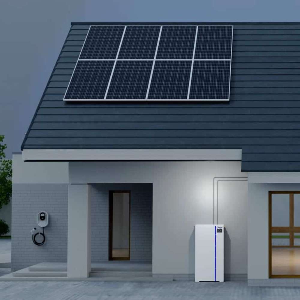 Deye ESS BOS-G60 60kWh Small-Scale C&I Energy Storage Solution is shown outdoors beside a house with rooftop solar panels for home energy storage