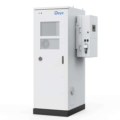 Deye ESS GE-F60 61.44 kWh Outdoor Lithium High Voltage Storage Battery is shown from a side angle as a tall white cabinet with ventilation panels and an external control unit
