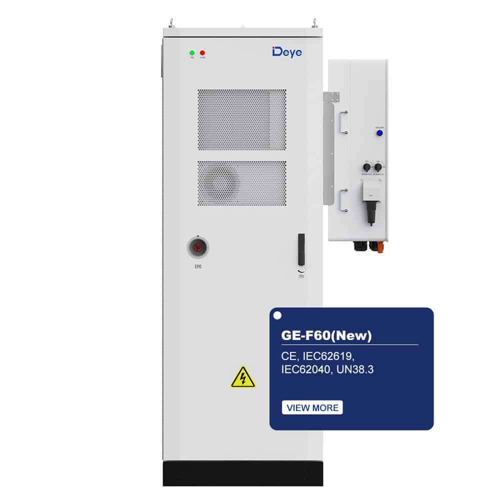 Deye ESS GE-F60 61.44 kWh Outdoor Lithium High Voltage Storage Battery is shown from the front with an attached control box and clear certification labels