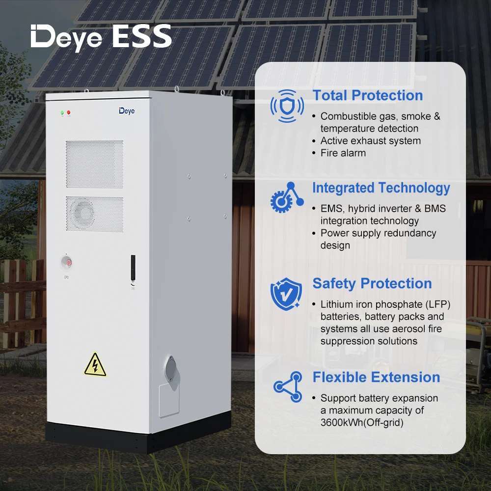 Deye ESS GE-F60 61.44 kWh Outdoor Lithium High Voltage Storage Battery is shown installed outdoors near solar panels with visual icons indicating safety, protection, and system integration features