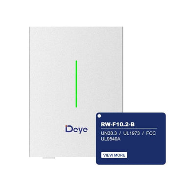 Deye ESS RW-F10.2-B Advanced LiFePO4 Home Battery Storage System is shown as a white wall-mounted battery with a vertical green status light on the front