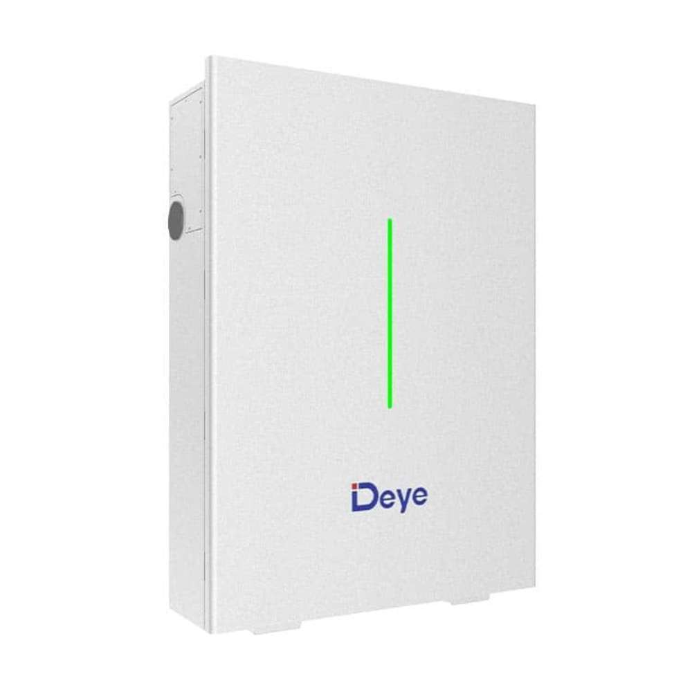 Deye ESS RW-F10.2-B Advanced LiFePO4 Home Battery Storage System is shown from an angled side view highlighting its slim white body and green indicator light