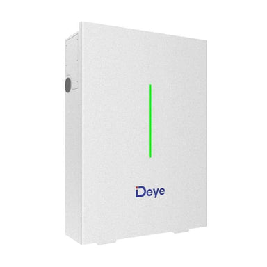 Deye ESS RW-F10.2-B Advanced LiFePO4 Home Battery Storage System is shown from an angled side view highlighting its slim white body and green indicator light