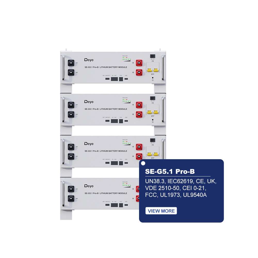 Deye ESS SE-G5.1PRO-B 5.12kWh Low Voltage Storage Battery is illustrated with rack-mounted, floor-mounted, and wall-mounted installation options