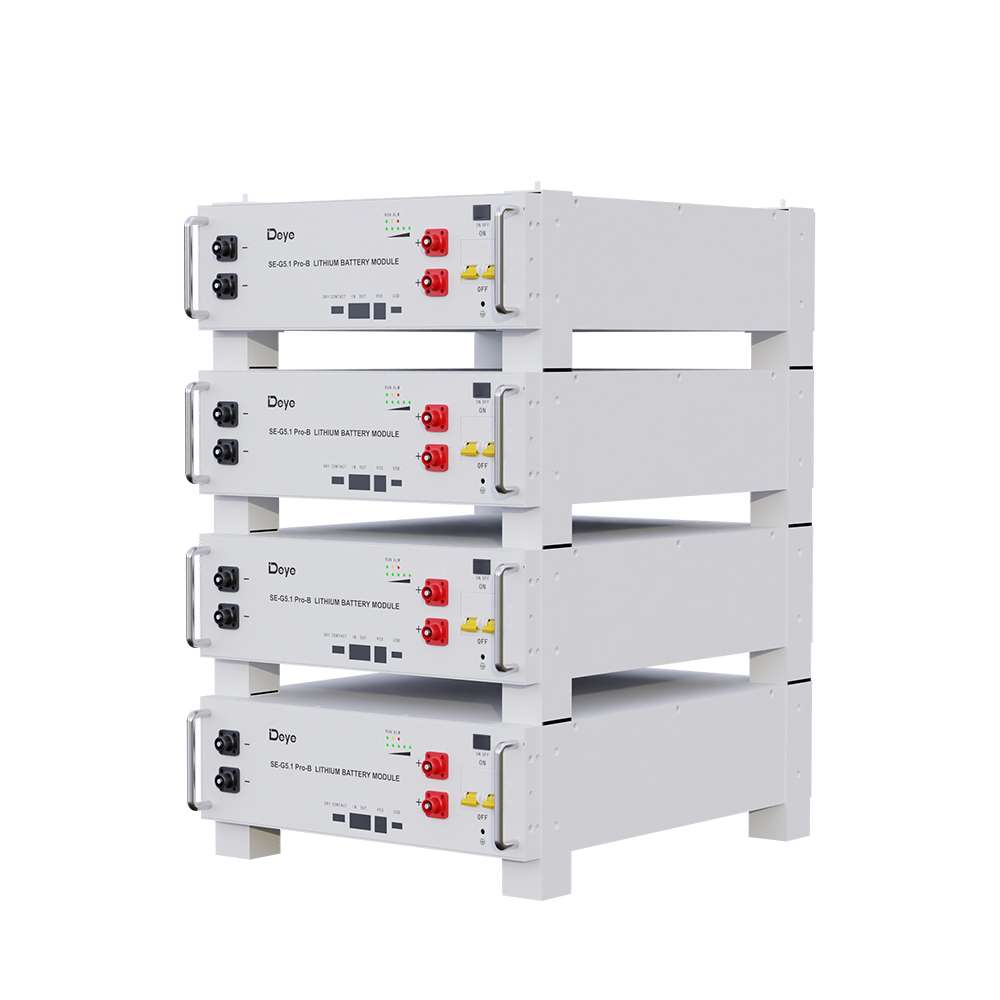 Deye ESS SE-G5.1PRO-B 5.12kWh Low Voltage Storage Battery is shown as multiple white battery modules stacked on a metal frame for scalable energy storage