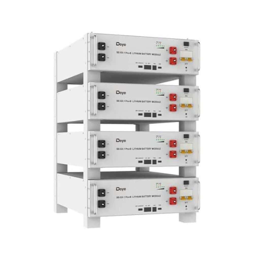Deye ESS SE-G5.1PRO-B 5.12kWh Low Voltage Storage Battery is shown close up with visible connectors and controls on the front of each stacked unit