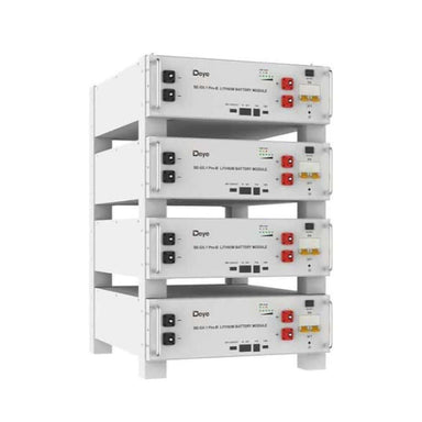 Deye ESS SE-G5.1PRO-B 5.12kWh Low Voltage Storage Battery is shown close up with visible connectors and controls on the front of each stacked unit