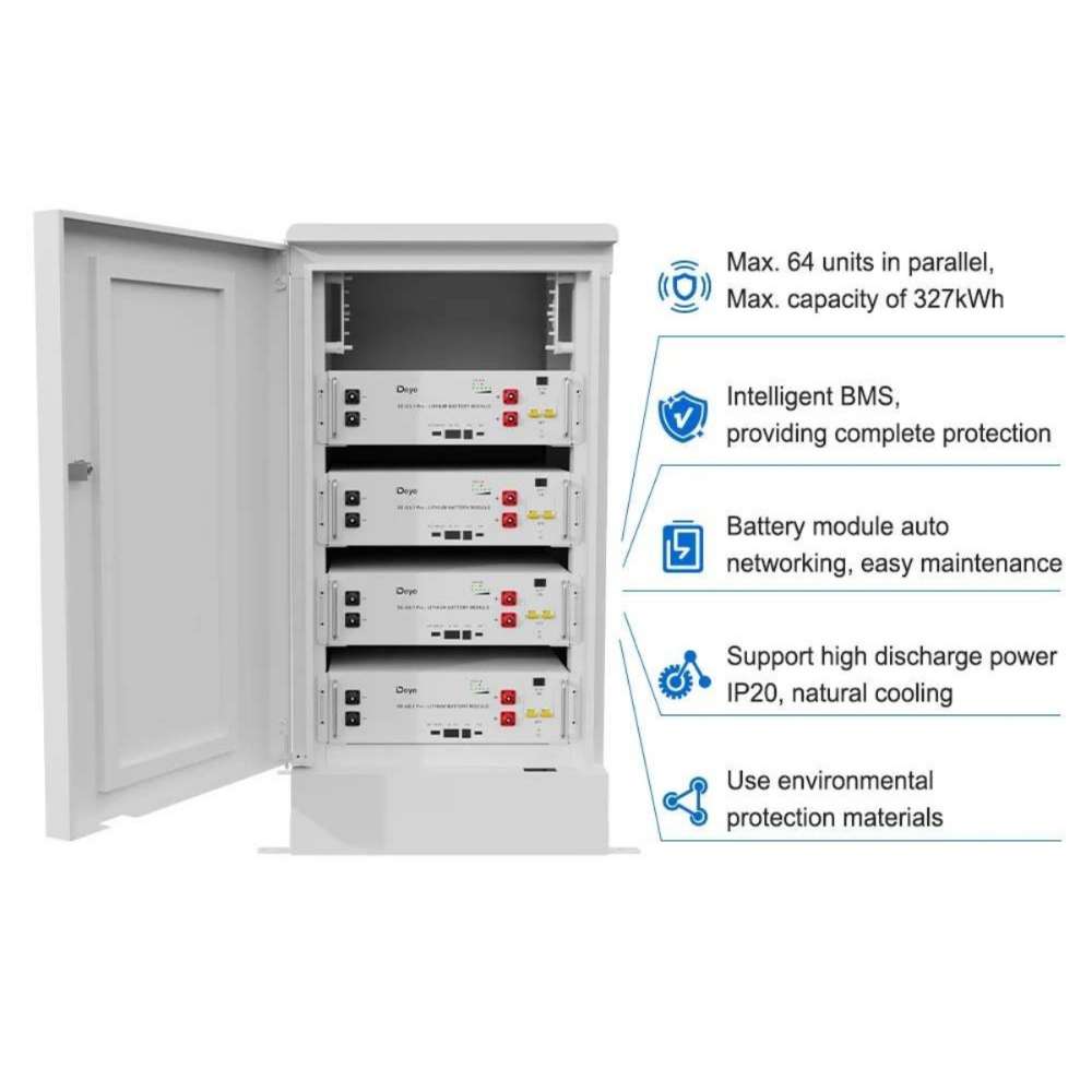Deye ESS SE-G5.1PRO-B 5.12kWh Low Voltage Storage Battery is shown inside a tall cabinet alongside icons describing safety, cooling, and system capacity features
