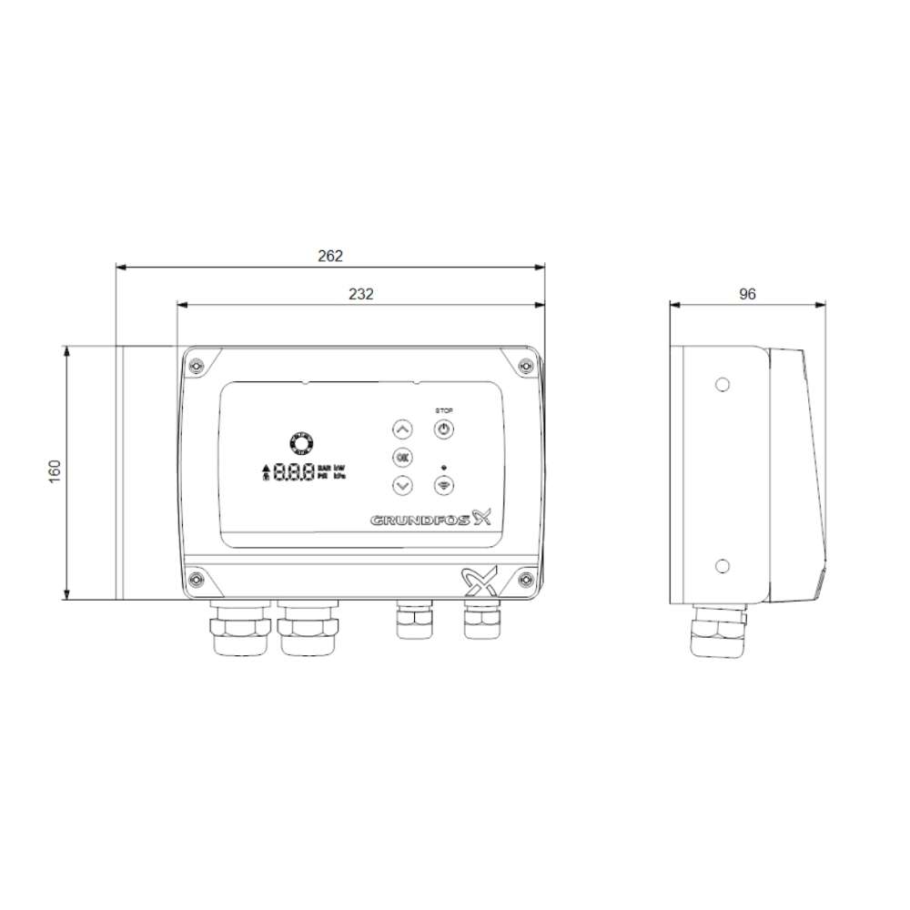 Dimensioned line diagram shows the front and side measurements of the Grundfos CU202 SQFlex Pump Controller w/ Level Switch mounted on a flat surface