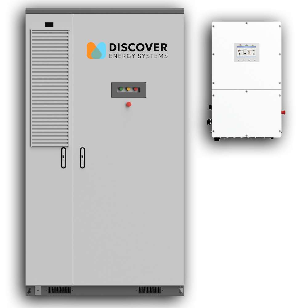 Discover Energy 209kWh LiFePO4 Outdoor C&I Energy Storage Cabinet-AES-210HV appears next to a Solis inverter for system pairing