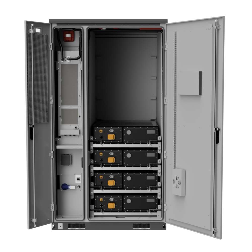 Discover Energy 209kWh LiFePO4 Outdoor C&I Energy Storage Cabinet-AES-210HV is pictured fully open showing its internal battery racks
