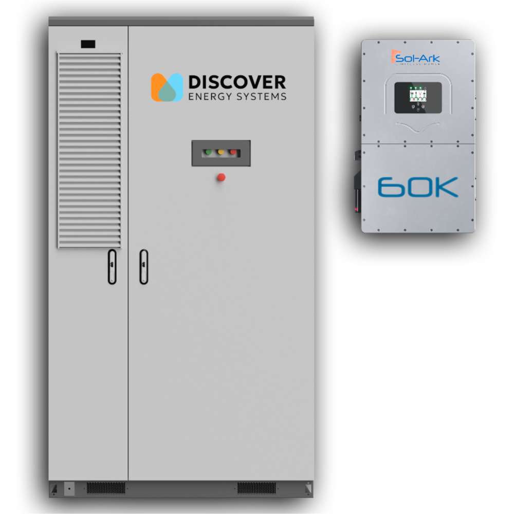 Discover Energy 209kWh LiFePO4 Outdoor C&I Energy Storage Cabinet-AES-210HV is shown beside a Sol-Ark inverter for integration