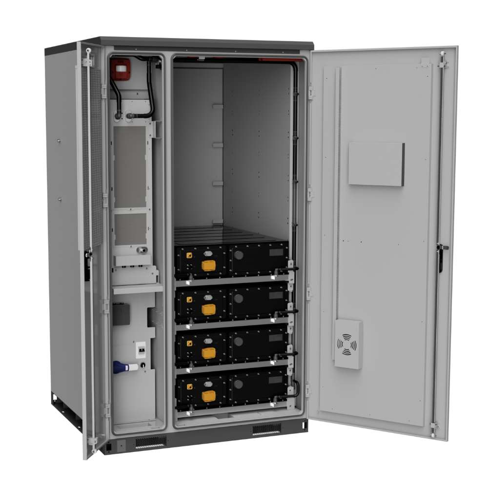 Discover Energy 209kWh LiFePO4 Outdoor C&I Energy Storage Cabinet-AES-210HV is shown open with stacked battery modules inside