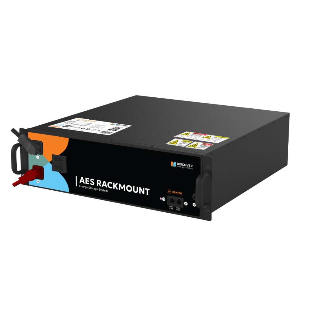 Discover Energy 5.0kWh AES Rackmount ESS Lithium Battery Module-48-48-5120 is shown as a single black battery unit with front ports and handles