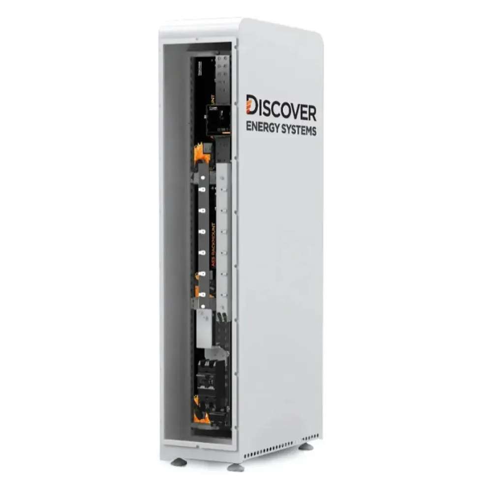 Discover Energy AES Rackmount ESS 30kWh Slimline Enclosure-950-0053 stands with its side door fully open, revealing the internal wiring and hardware