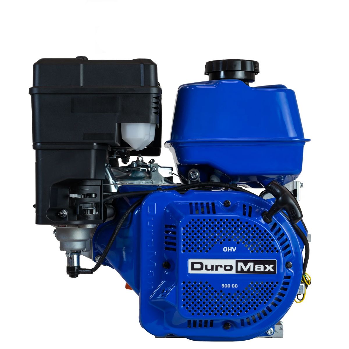 Left view of DuroMax XP20HP displaying the logo of DuroMax and Recoil handle