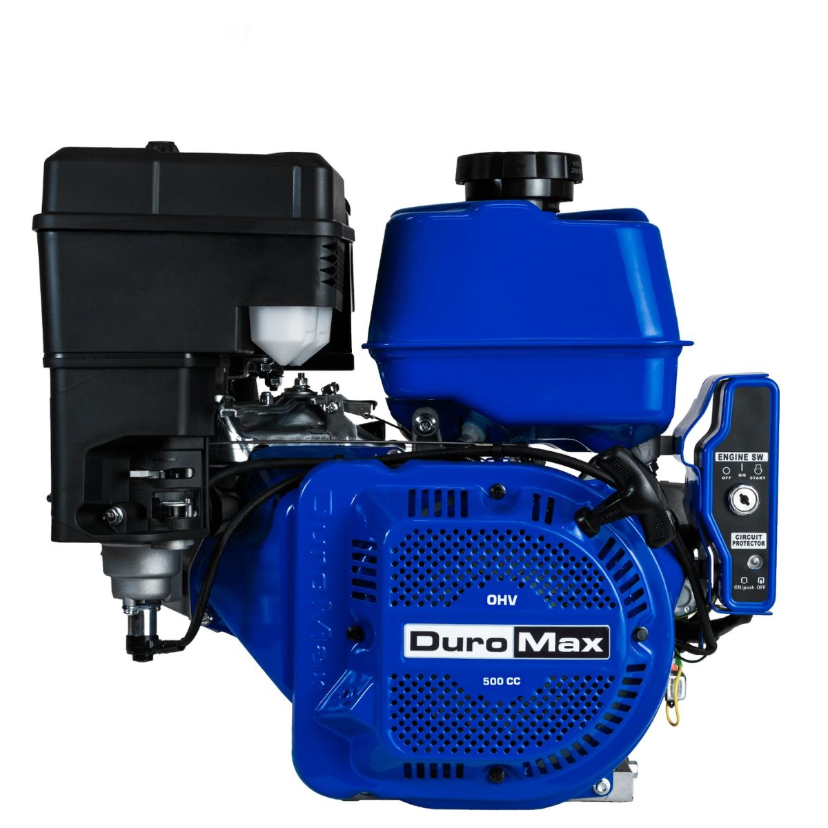 Left view of DuroMax XP20HPE displaying the logo of DuroMax, Key Switch Box and Recoil handle