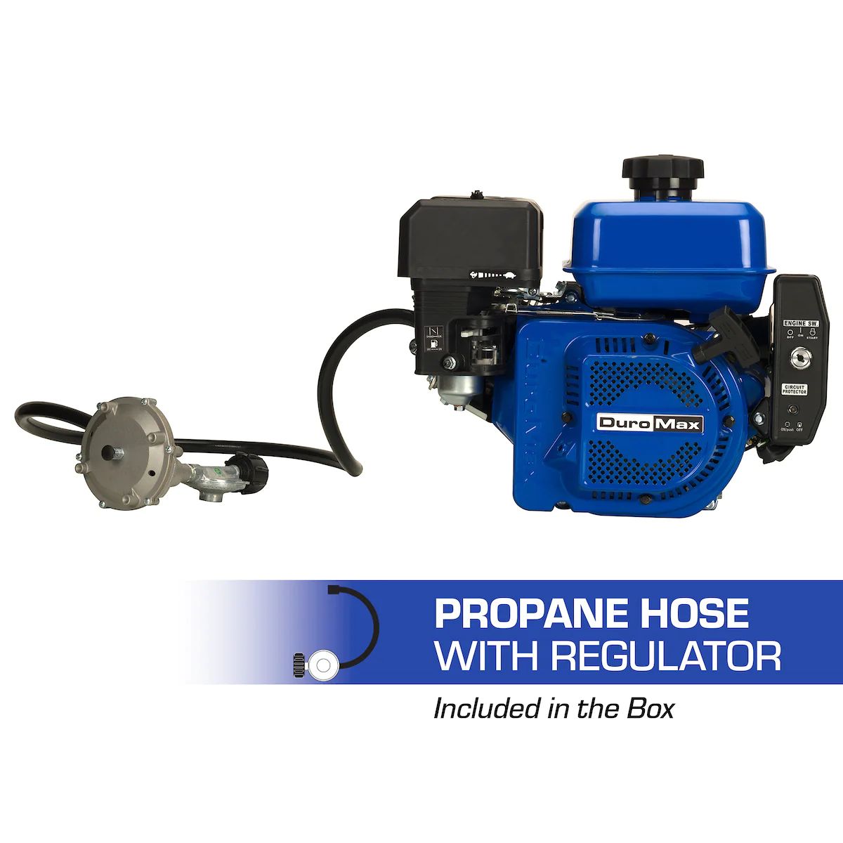 Front side view of DuroMax XP7HPX displaying  the included propane hose with regulator