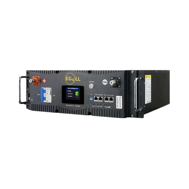 EG4 LL Lithium Battery 12V 400AH (Server Rack Battery w LCD) - EG4-LL-S12-400 is a rack-mounted black battery featuring a front LCD display, sturdy casing, and multiple connection ports