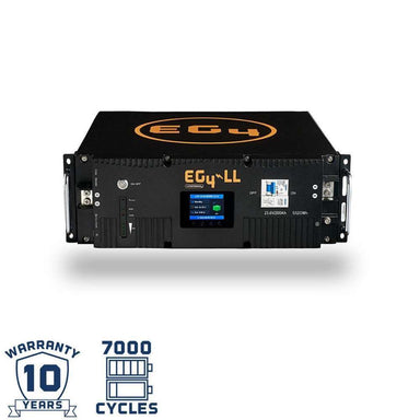 EG4 LL Lithium Battery 24V 200AH (Server Rack Battery w LCD) - EG4-LL-S24-200 is a compact black rack battery with an LCD screen, metal handles, and icons showing a 10-year warranty and 7000 cycles