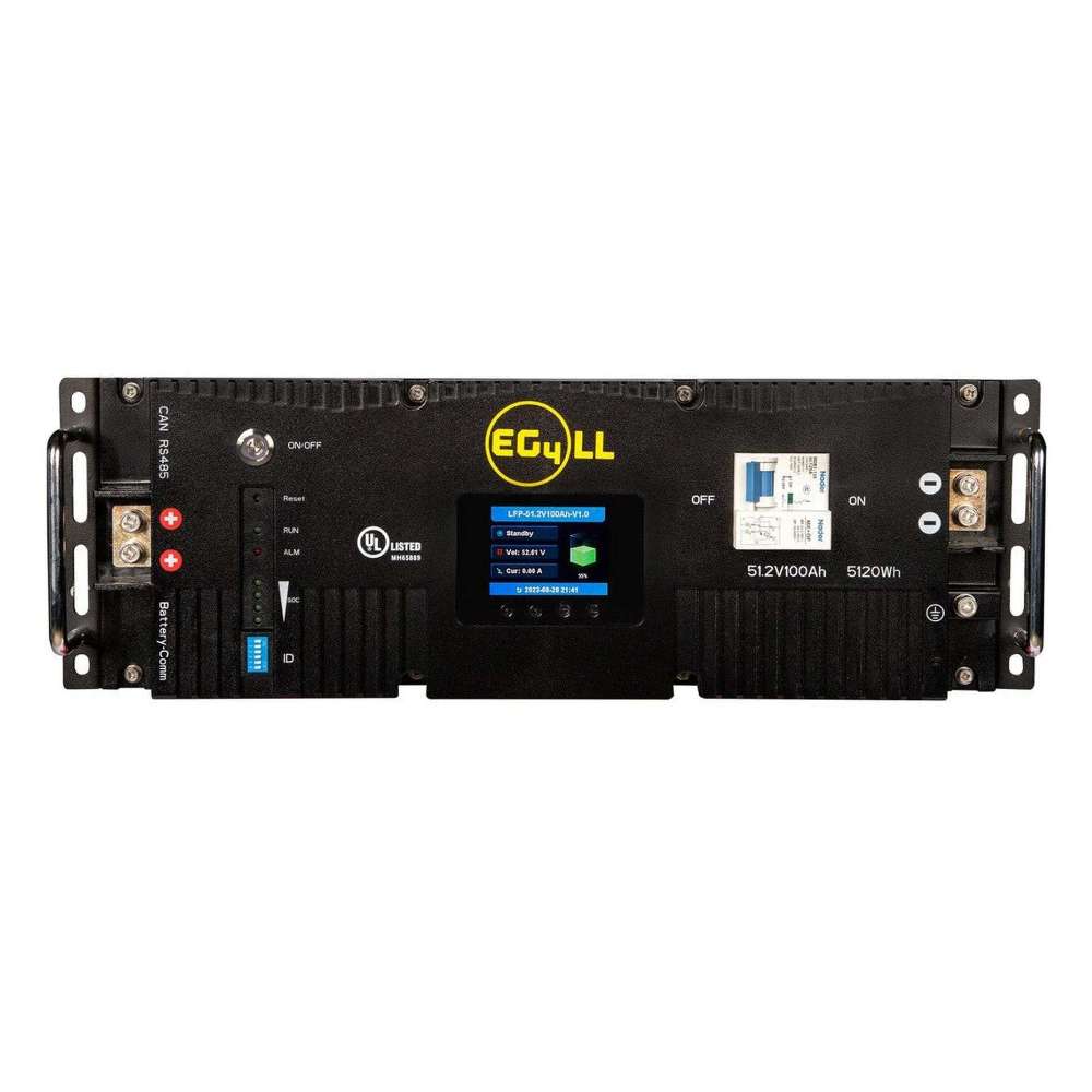 EG4 LL-S Lithium Battery 48V 100AH (Server Rack Battery w LCD) - EG4-LL-S48-100 front view highlights its LCD screen, ports, and power switches