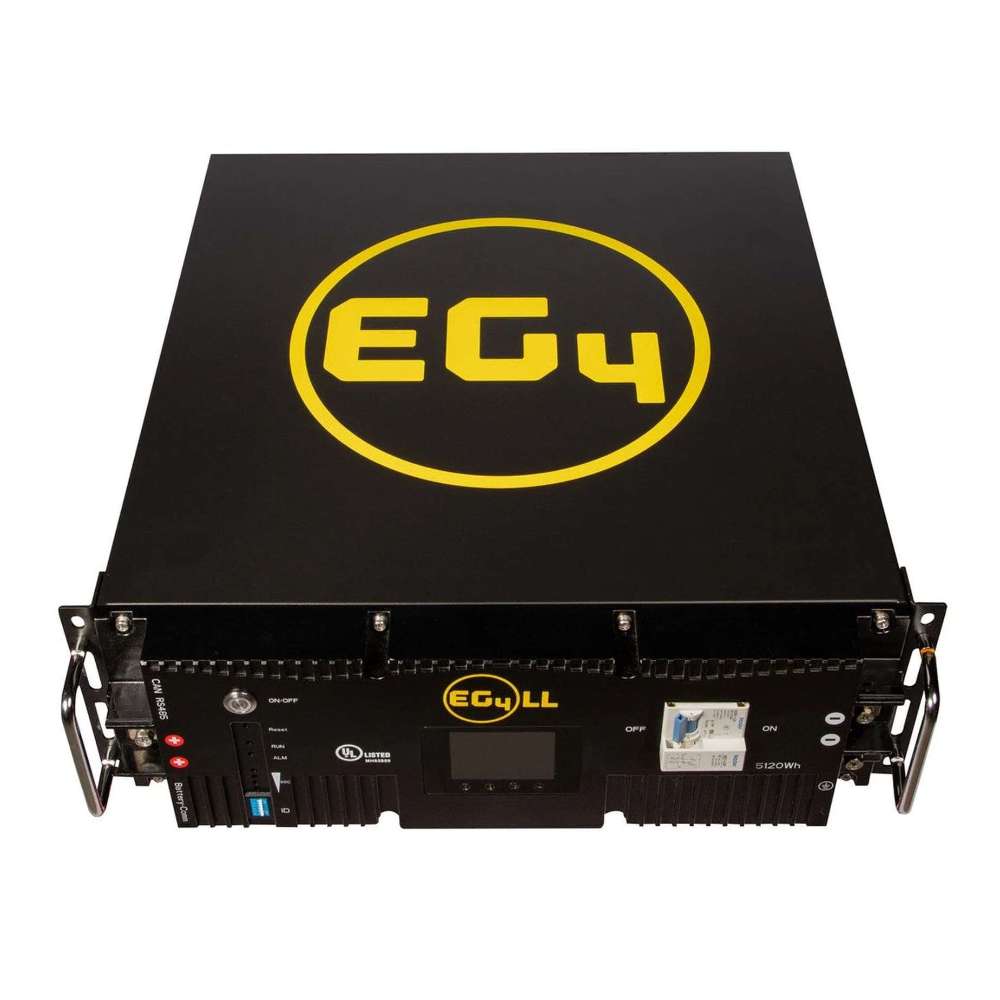 EG4 LL-S Lithium Battery 48V 100AH (Server Rack Battery w LCD) - EG4-LL-S48-100 is shown from the top with a bold yellow EG4 logo on its black metal case