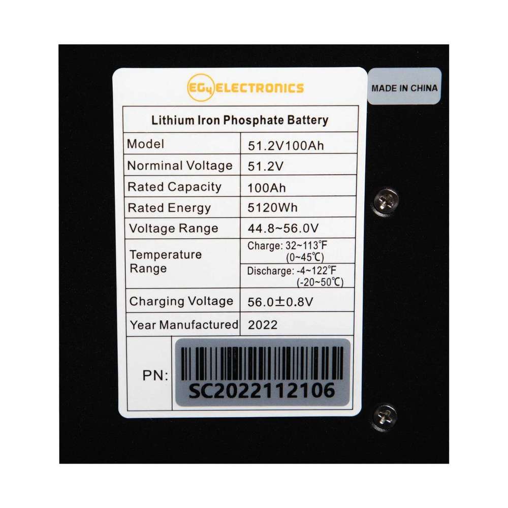 EG4 LL-S Lithium Battery 48V 100AH (Server Rack Battery w LCD) - EG4-LL-S48-100 label displays voltage, capacity, and temperature specifications