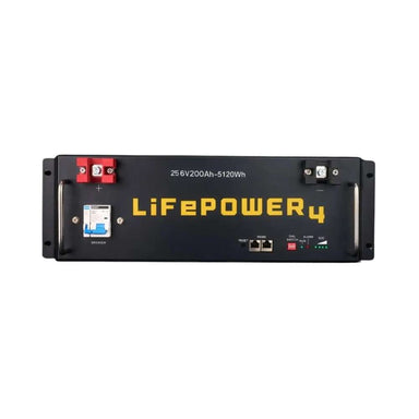 EG4 LifePower4 Lithium Battery 24V 200AH (Server Rack Battery w No Display) - EG4LIFPOW4-24 is shown from the front, featuring labeled terminals, a breaker switch, and a sturdy metal case