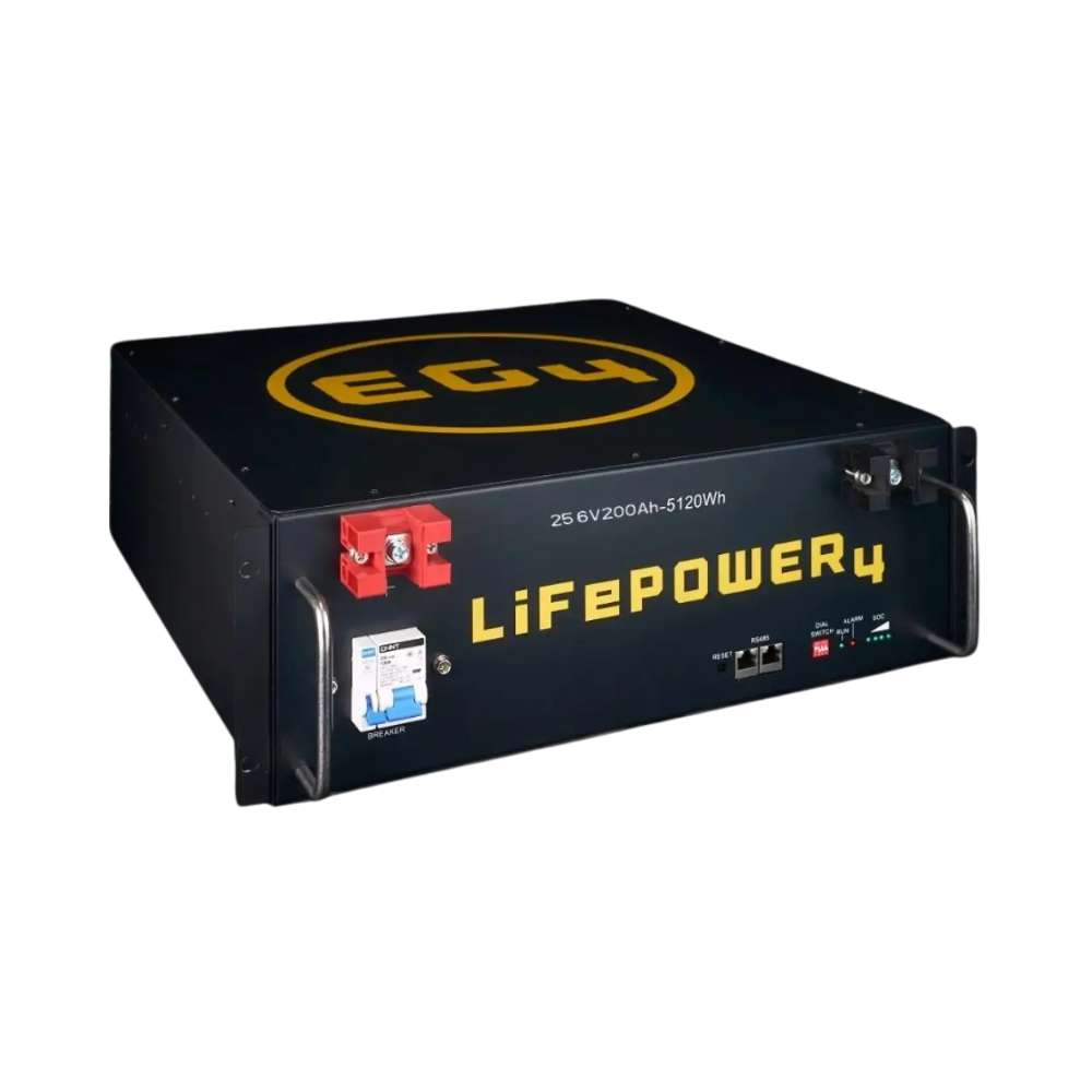 EG4 LifePower4 Lithium Battery 24V 200AH (Server Rack Battery w No Display) - EG4LIFPOW4-24 is viewed from the right side, showing its solid metal build and yellow logo on top