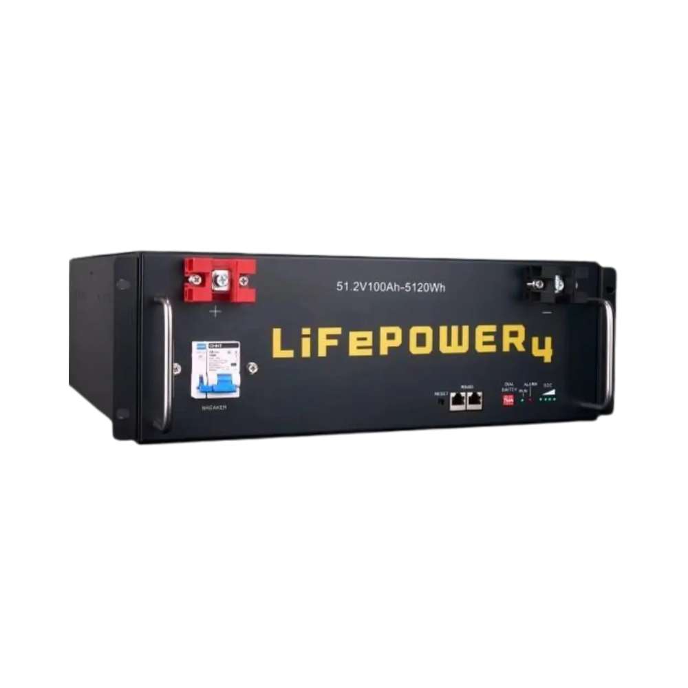 EG4 LifePower4 Lithium Battery 48V 100AH (Server Rack Battery w No Display) - EG4LIFPOW4-48 appears in a close-up side view highlighting its sturdy metal case and labeled front