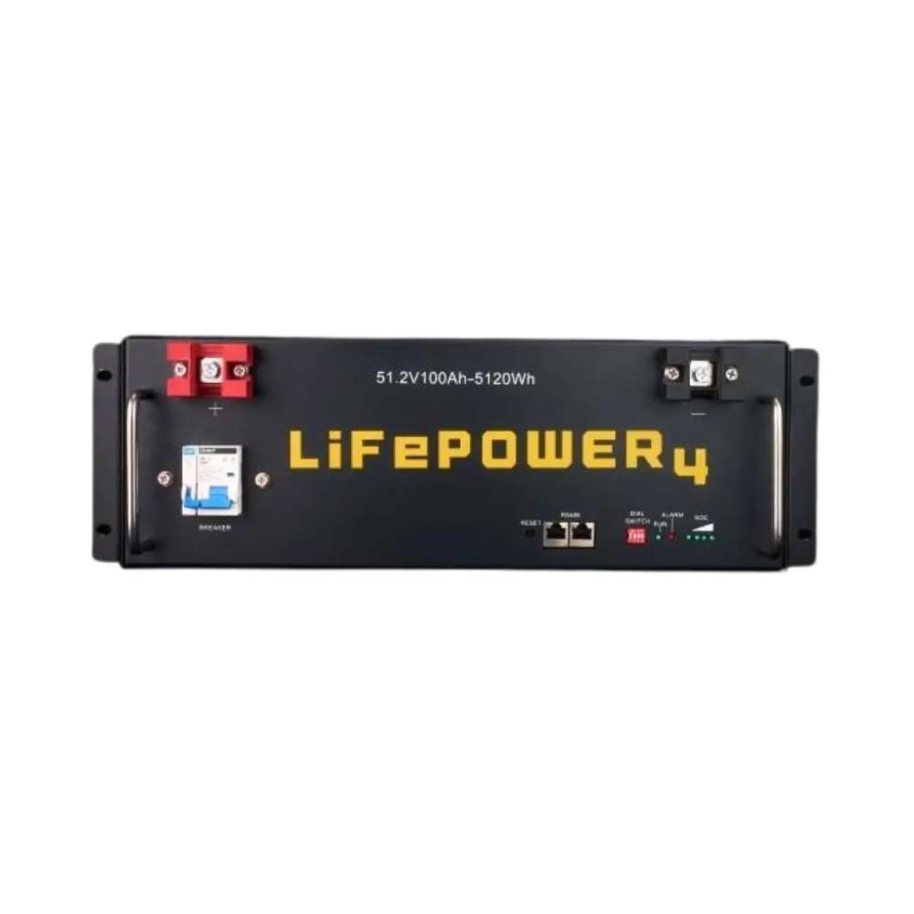 EG4 LifePower4 Lithium Battery 48V 100AH (Server Rack Battery w No Display) - EG4LIFPOW4-48 is a black rectangular battery with yellow text and front power terminals