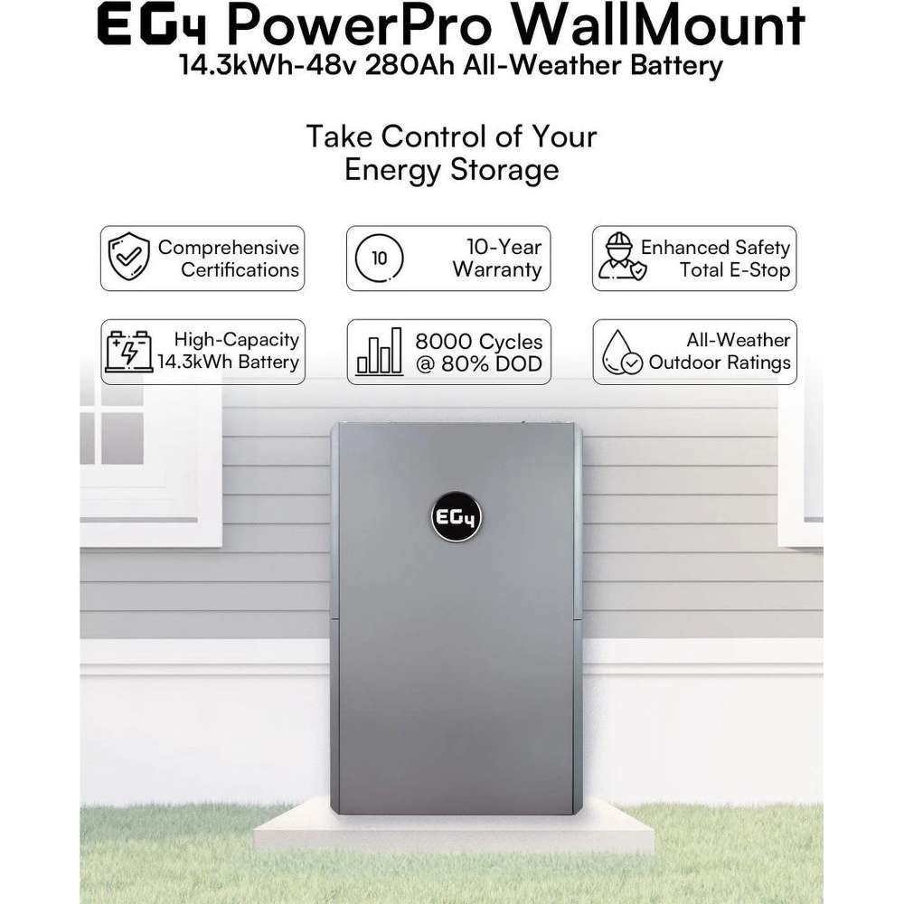 EG4 PowerPro WallMount All Weather Lithium Battery 48V 280AH - EG4LIFPOW4-48V280A is mounted outdoors, emphasizing its 14.3kWh capacity and weather-resistant build