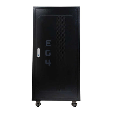 EG4 Pre-Assembled Enclosed Battery Cabinet (6 Slot Capacity) - EG4CABINET6 is a sleek black metal cabinet on wheels with a closed front door labeled “EG4”