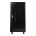 EG4 Pre-Assembled Enclosed Battery Cabinet (6 Slot Capacity) - EG4CABINET6 is a sleek black metal cabinet on wheels with a closed front door labeled “EG4”
