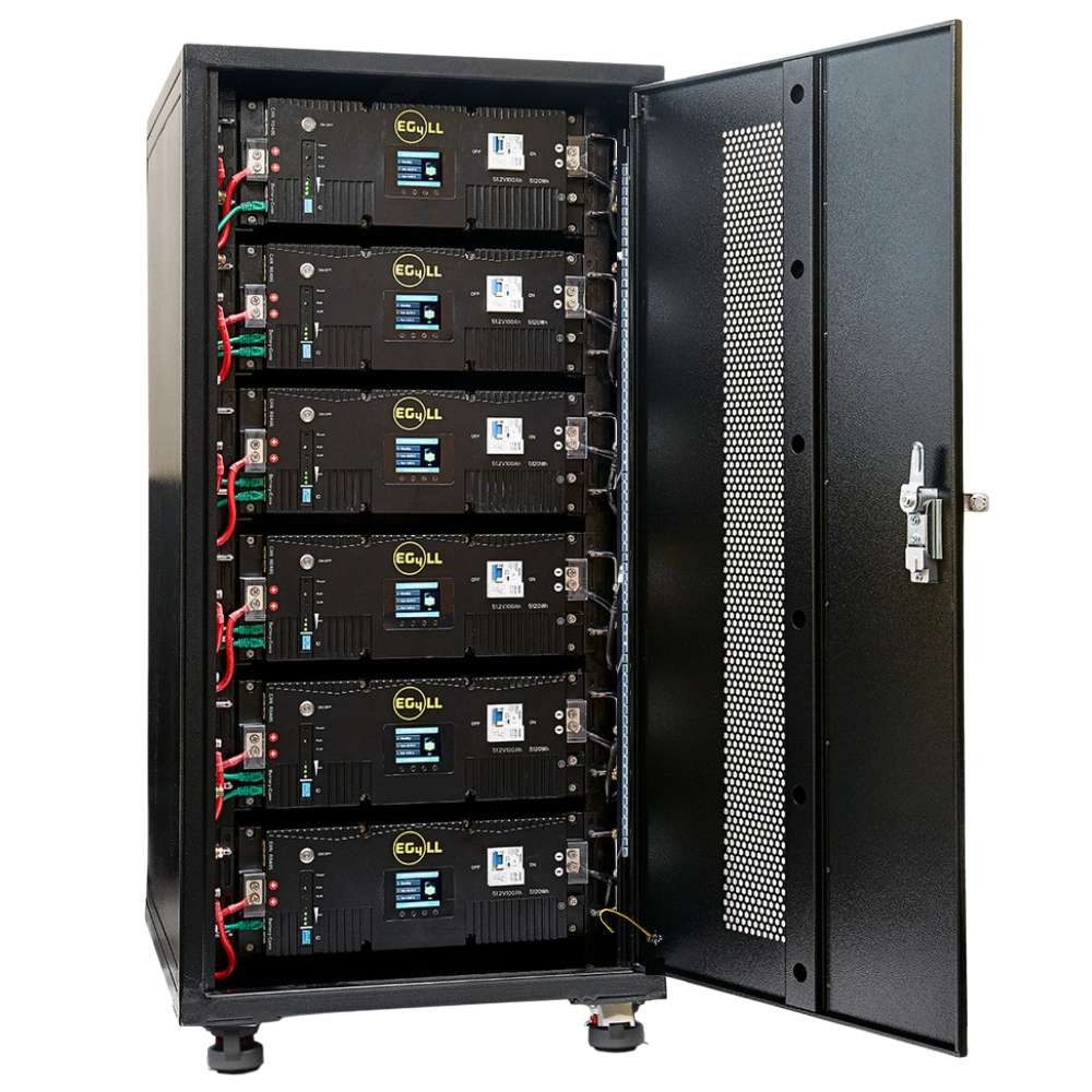 EG4 Pre-Assembled Enclosed Battery Cabinet (6 Slot Capacity) - EG4CABINET6 is displayed with its door open, showing six EG4LL batteries connected and organized within a sturdy metal frame