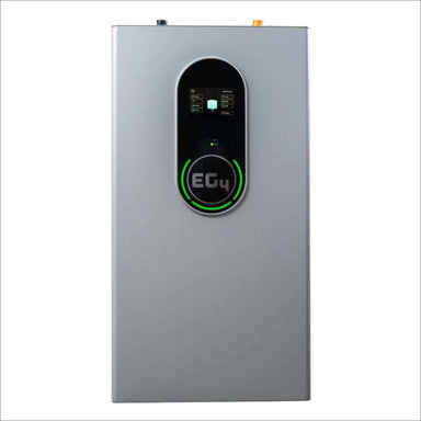 EG4 WallMount Indoor All Weather Lithium Battery 48V 280AH - EG4LIFPOW4WM-48V280A is shown upright with a sleek gray body and a glowing green EG4 logo on its front panel